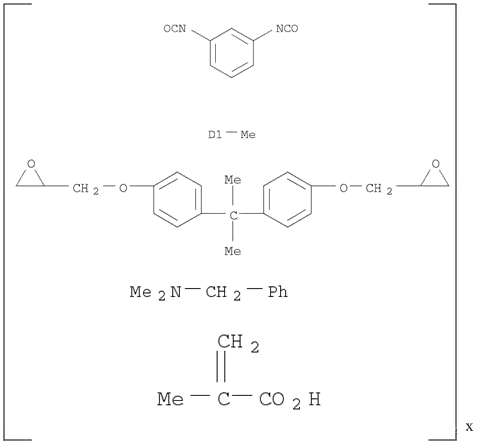 Molecular Structure of 125302-10-5 (2-Propenoic acid, 2-methyl-, polymer with 1,3-diisocyanatomethylbenzene, N,N-dimethylbenzenemethanamine and 2,2'-[(1-methylethylidene) bis(4,1-phenyleneoxymethylene)]bis[oxirane])
